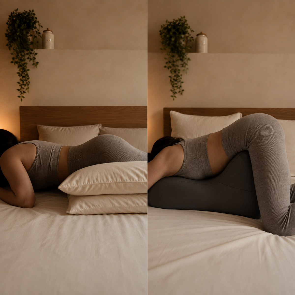 Before and after: a stack of ordinary pillows versus the Amoret pillow