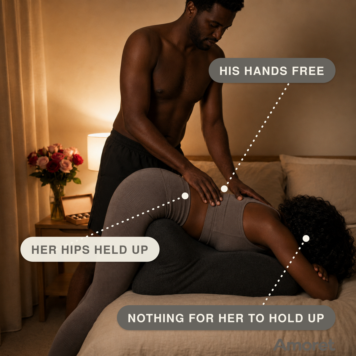 Couple on the Amoret pillow: her hips held up, his hands free, nothing for her to hold up