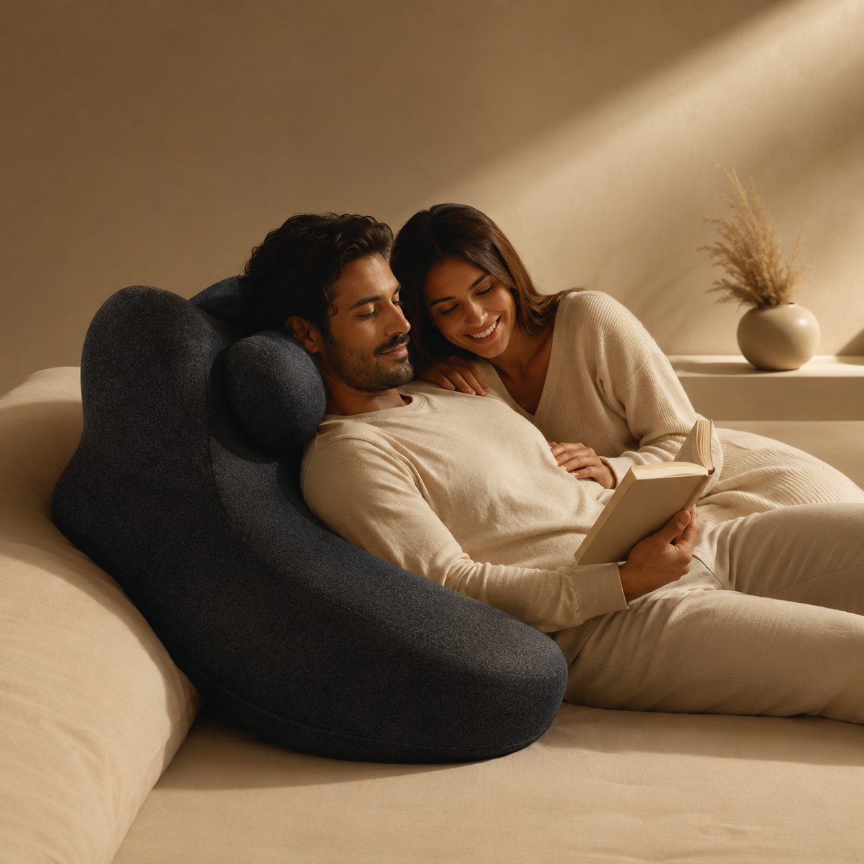A couple leaning back on the Duet Pillow watching a tablet together in bed