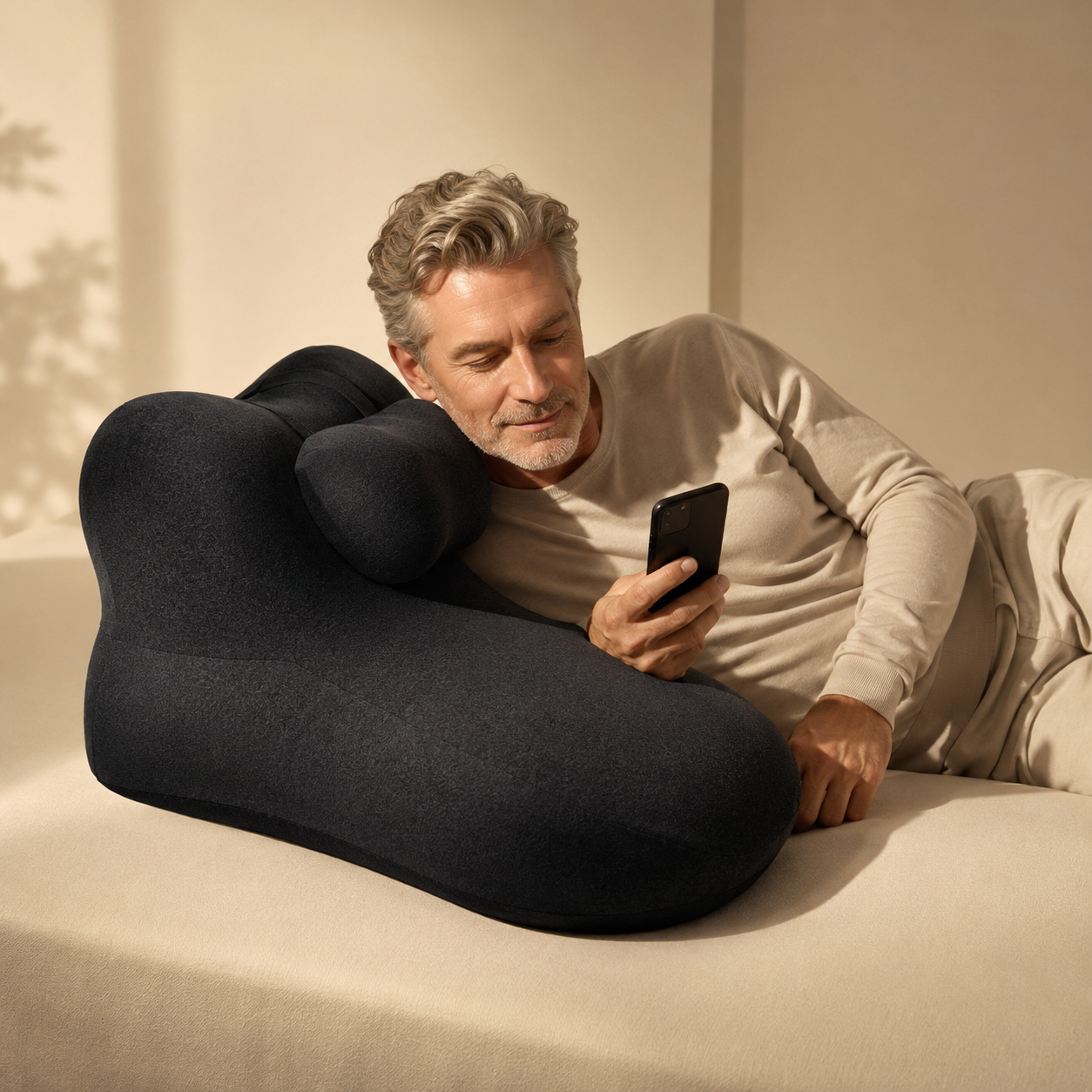 A man resting against the black Duet Pillow while reading his phone in bed