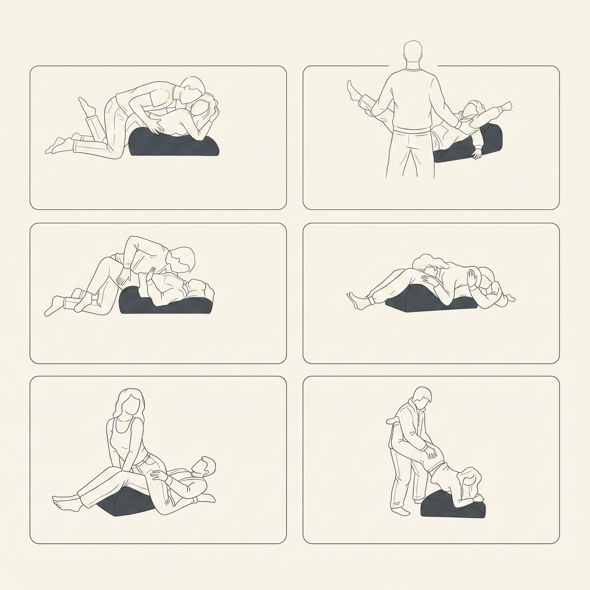 Line-drawn guide showing six ways to position the Amoret pillow