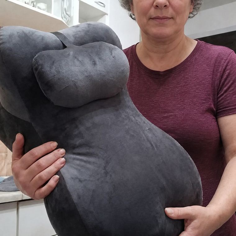 The pillow held in a kitchen, showing its size against an adult.