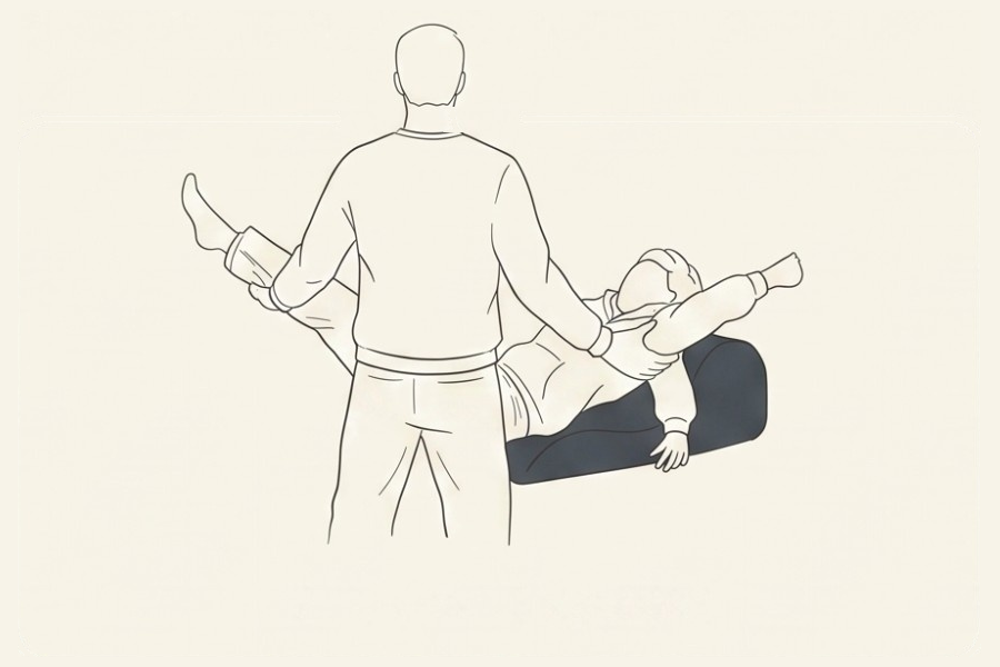 Line drawing: a couple using the Amoret pillow, position 2 of 6, from the Four-Sunday Sex Reset