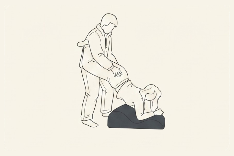 Line drawing: a couple using the Amoret pillow, position 6 of 6, from the Four-Sunday Sex Reset